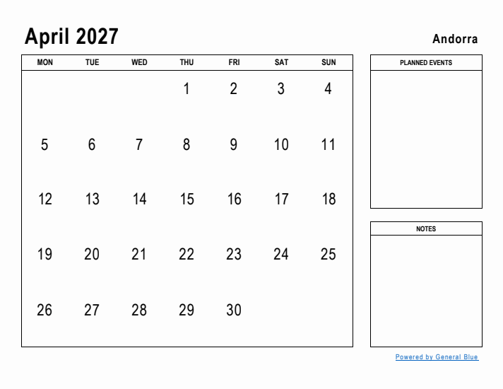 April 2027 Printable Monthly Calendar with Andorra Holidays