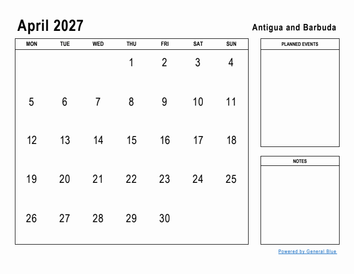 April 2027 Printable Monthly Calendar with Antigua and Barbuda Holidays