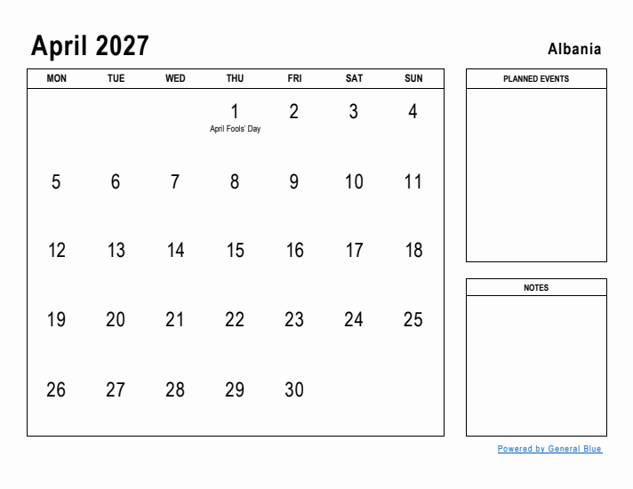 April 2027 Printable Monthly Calendar with Albania Holidays