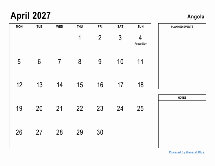 April 2027 Printable Monthly Calendar with Angola Holidays