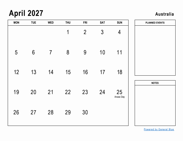 April 2027 Printable Monthly Calendar with Australia Holidays