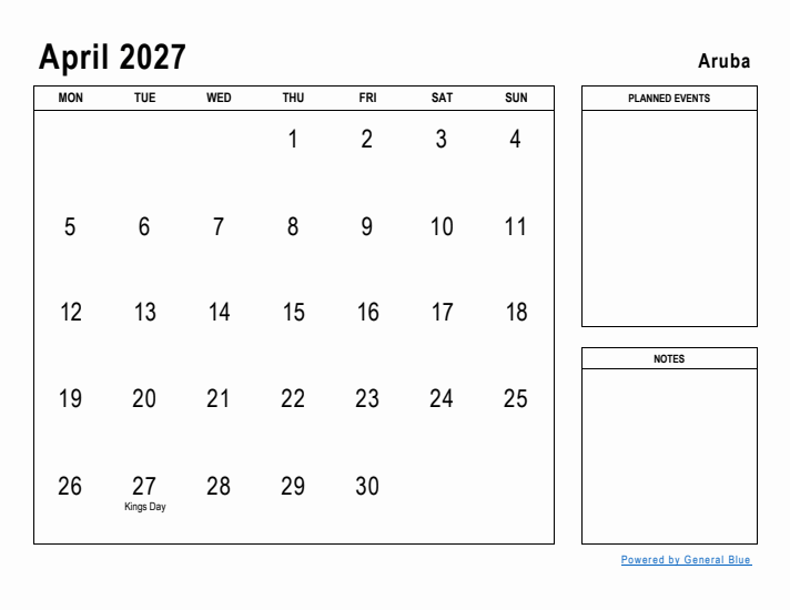 April 2027 Printable Monthly Calendar with Aruba Holidays