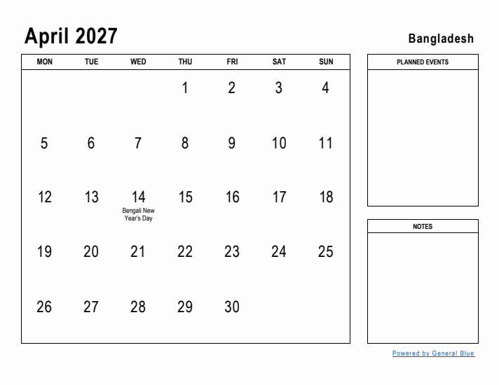 April 2027 Printable Monthly Calendar with Bangladesh Holidays