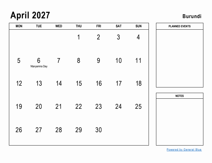 April 2027 Printable Monthly Calendar with Burundi Holidays