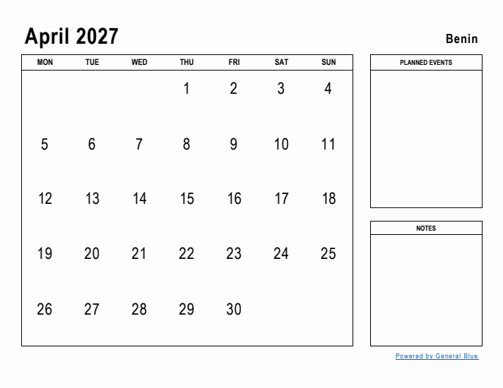 April 2027 Printable Monthly Calendar with Benin Holidays