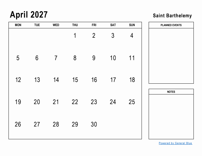 April 2027 Printable Monthly Calendar with Saint Barthelemy Holidays