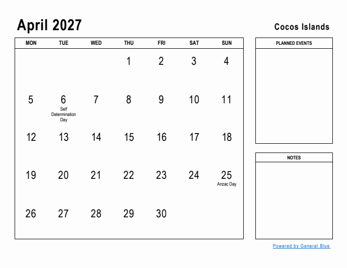 April 2027 Printable Monthly Calendar with Cocos Islands Holidays