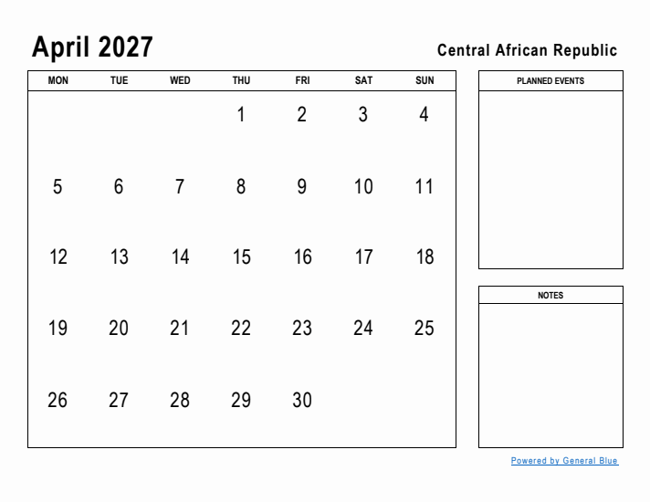 April 2027 Printable Monthly Calendar with Central African Republic Holidays