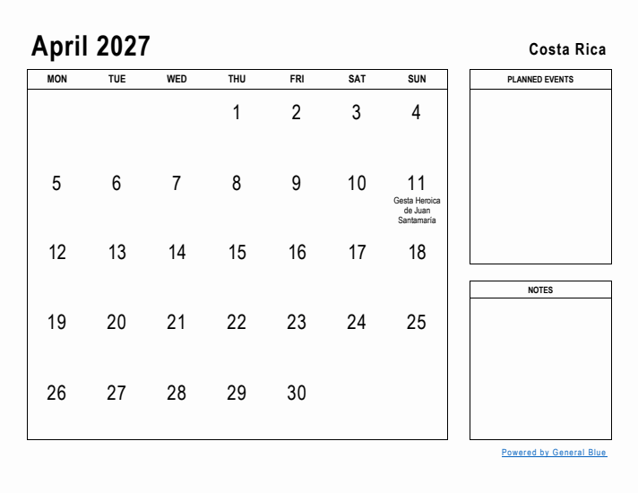 April 2027 Printable Monthly Calendar with Costa Rica Holidays