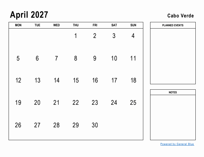 April 2027 Printable Monthly Calendar with Cabo Verde Holidays