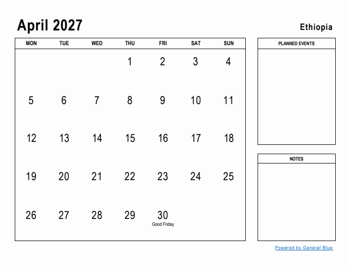 April 2027 Printable Monthly Calendar with Ethiopia Holidays