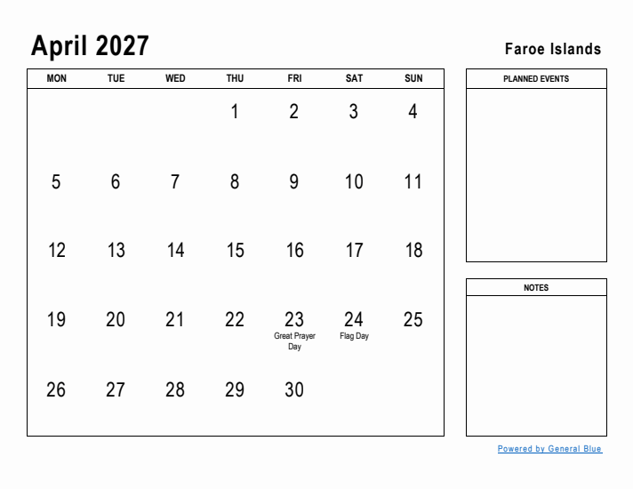 April 2027 Printable Monthly Calendar with Faroe Islands Holidays