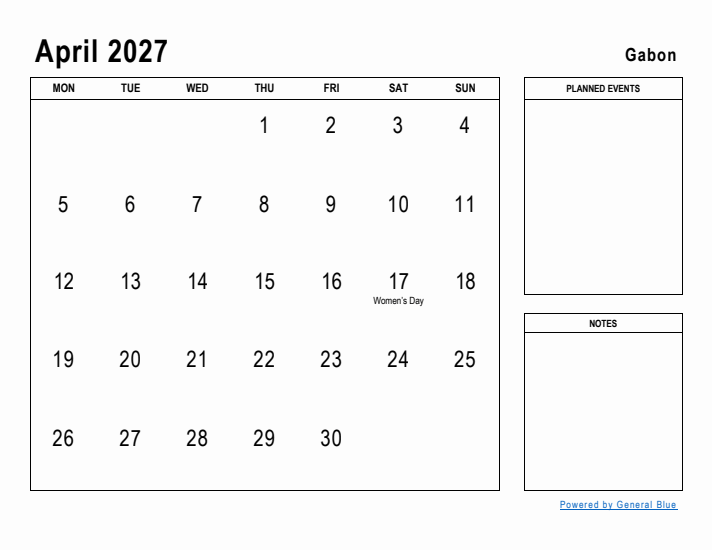 April 2027 Printable Monthly Calendar with Gabon Holidays