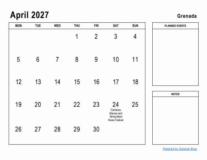 April 2027 Printable Monthly Calendar with Grenada Holidays