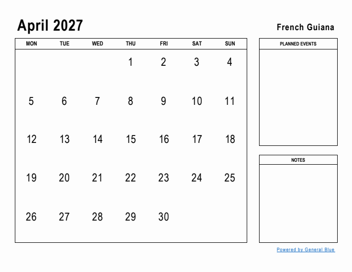 April 2027 Printable Monthly Calendar with French Guiana Holidays