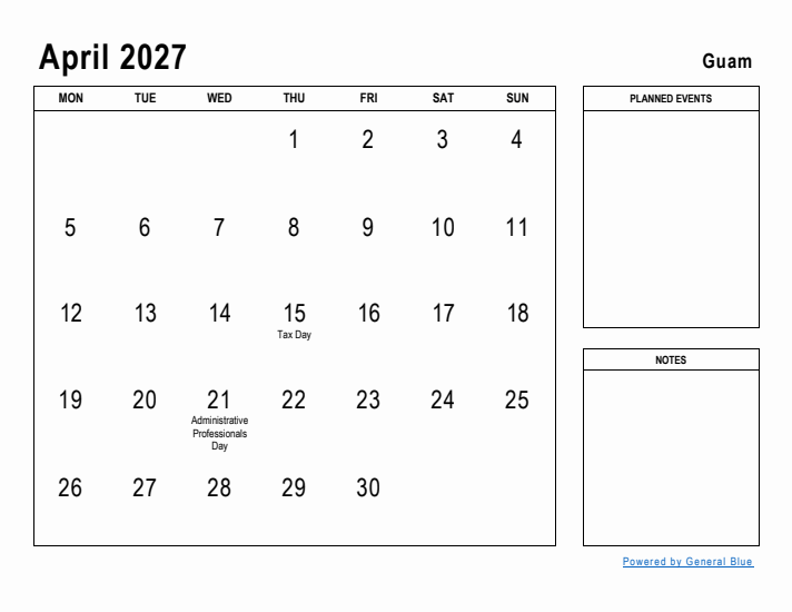 April 2027 Printable Monthly Calendar with Guam Holidays