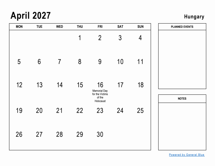 April 2027 Printable Monthly Calendar with Hungary Holidays