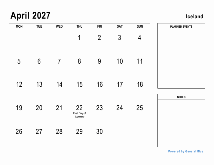 April 2027 Printable Monthly Calendar with Iceland Holidays