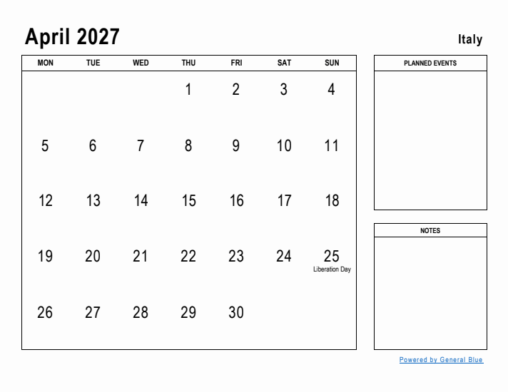 April 2027 Printable Monthly Calendar with Italy Holidays