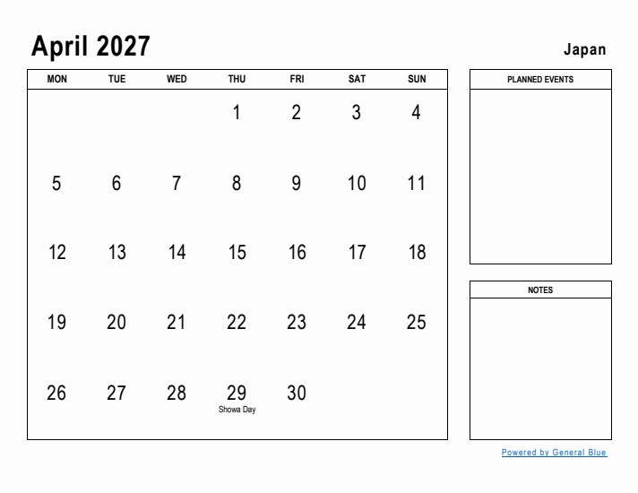 April 2027 Printable Monthly Calendar with Japan Holidays