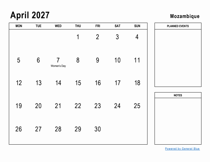 April 2027 Printable Monthly Calendar with Mozambique Holidays