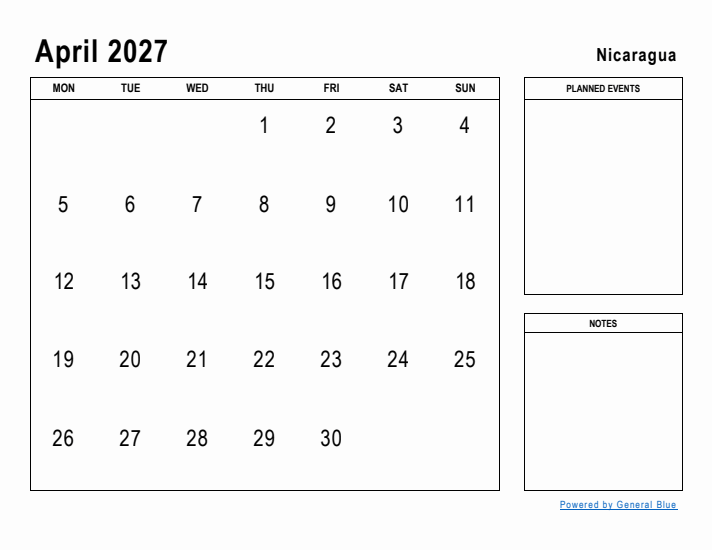 April 2027 Printable Monthly Calendar with Nicaragua Holidays