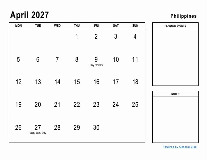 April 2027 Printable Monthly Calendar with Philippines Holidays