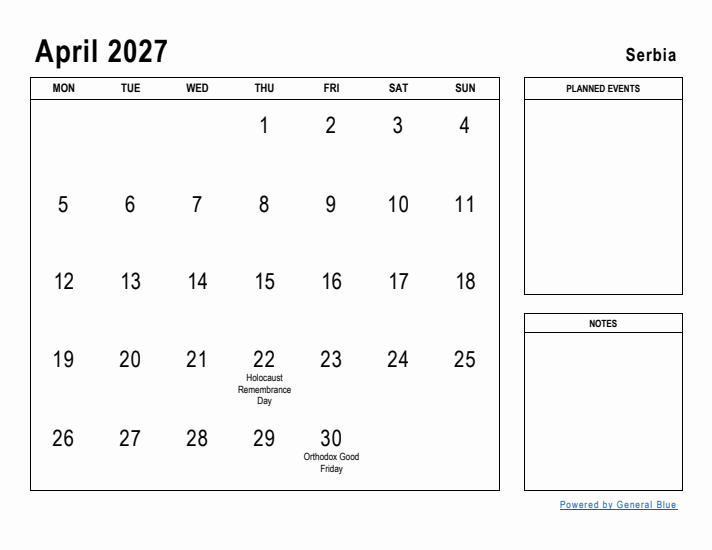 April 2027 Printable Monthly Calendar with Serbia Holidays