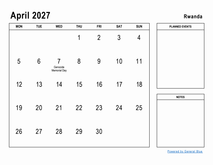 April 2027 Printable Monthly Calendar with Rwanda Holidays