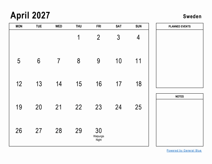 April 2027 Printable Monthly Calendar with Sweden Holidays