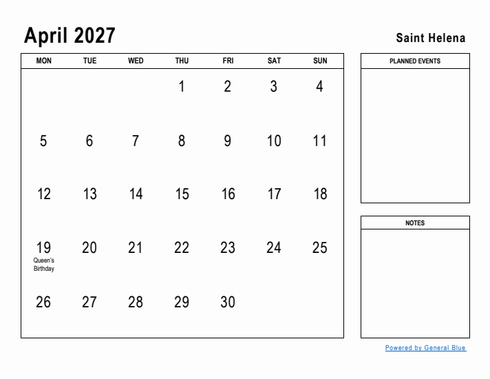 April 2027 Printable Monthly Calendar with Saint Helena Holidays