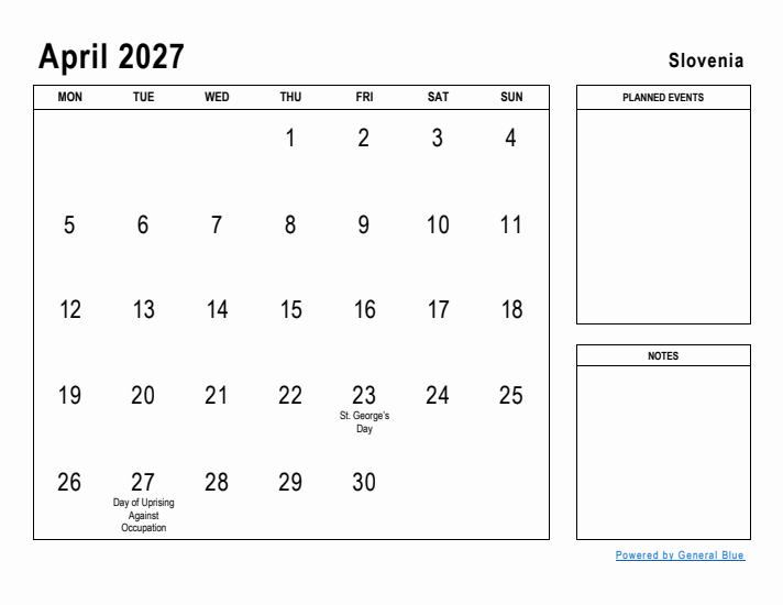 April 2027 Printable Monthly Calendar with Slovenia Holidays