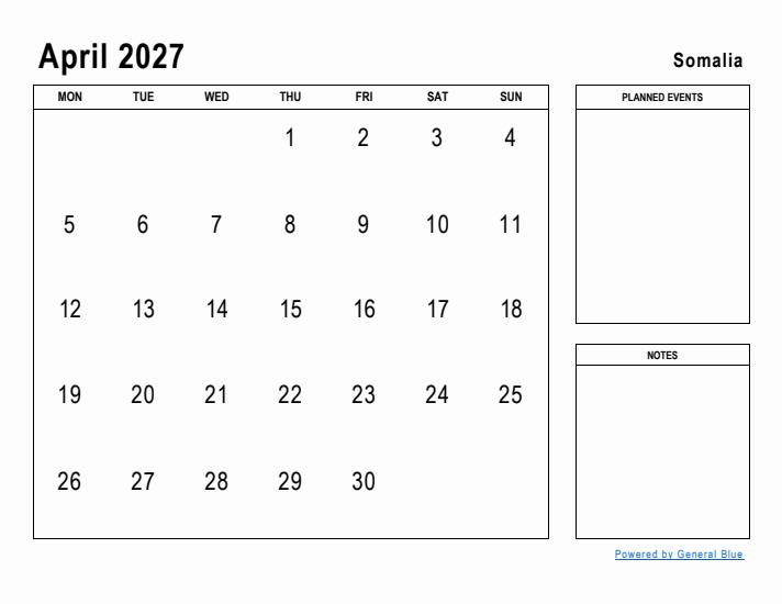 April 2027 Printable Monthly Calendar with Somalia Holidays