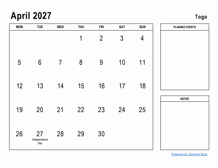 April 2027 Printable Monthly Calendar with Togo Holidays