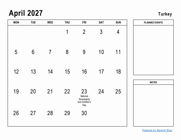 April 2027 Printable Monthly Calendar with Turkey Holidays