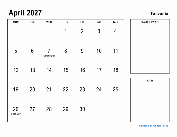 April 2027 Printable Monthly Calendar with Tanzania Holidays