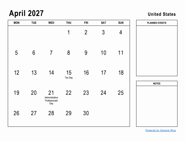 April 2027 Printable Monthly Calendar with United States Holidays