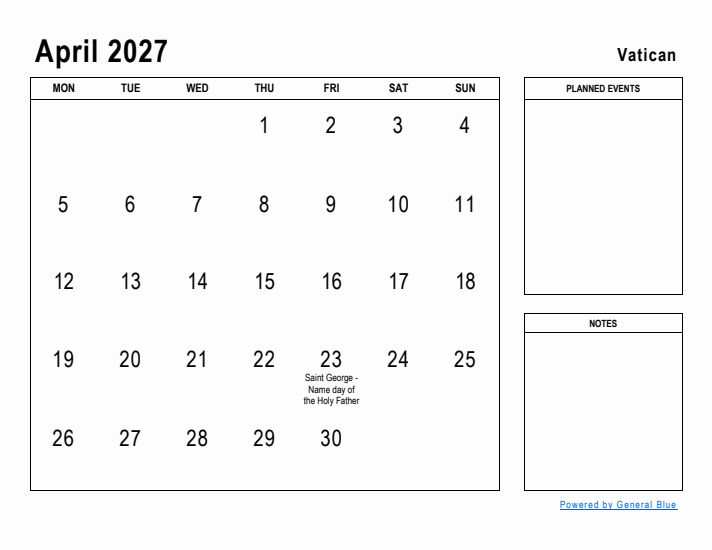 April 2027 Printable Monthly Calendar with Vatican Holidays