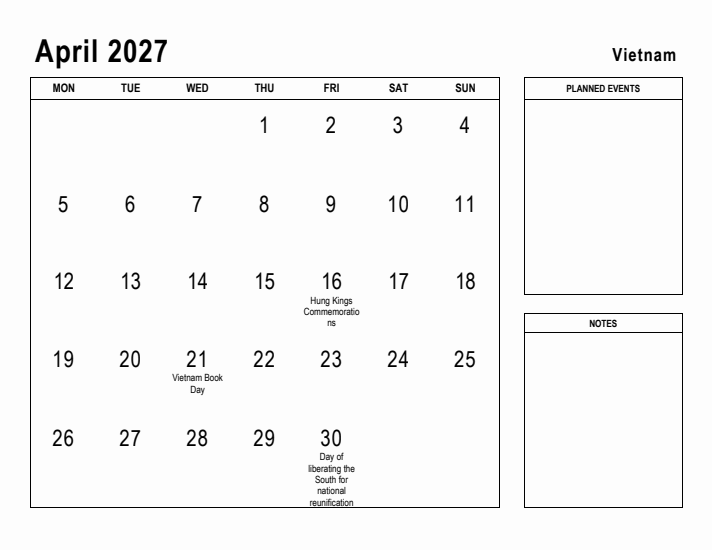 April 2027 Printable Monthly Calendar with Vietnam Holidays