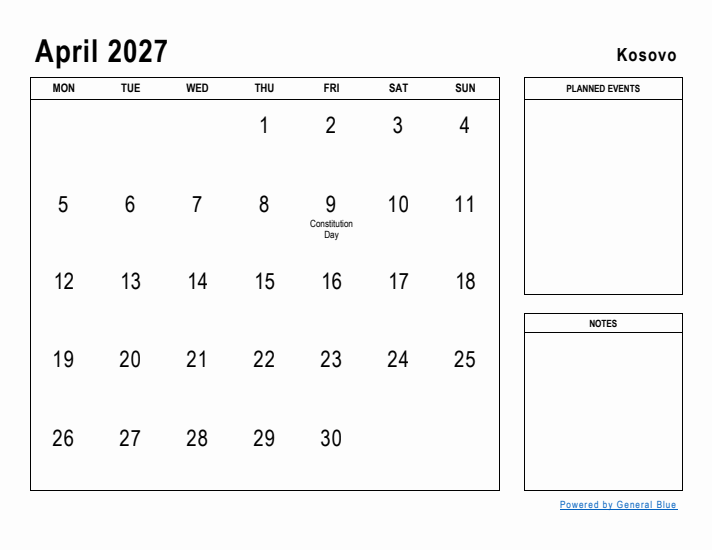 April 2027 Printable Monthly Calendar with Kosovo Holidays