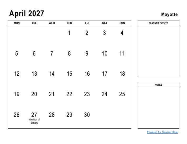 April 2027 Printable Monthly Calendar with Mayotte Holidays