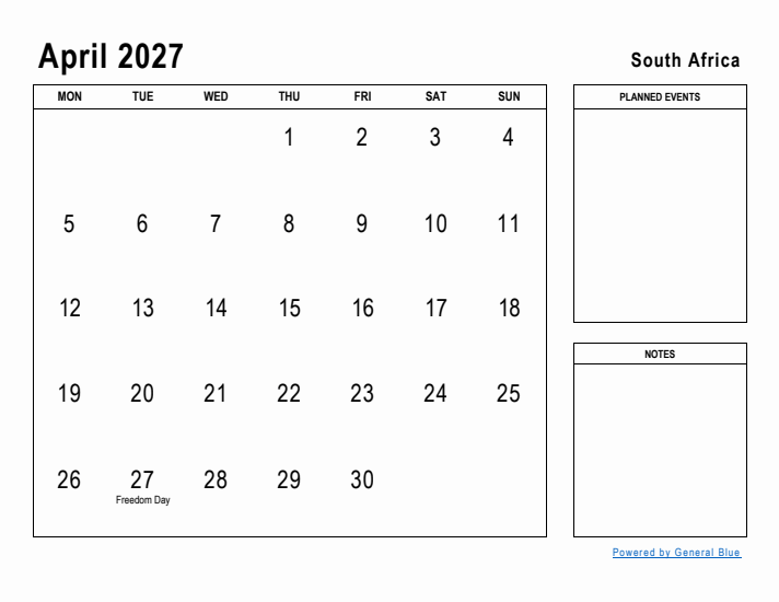 April 2027 Printable Monthly Calendar with South Africa Holidays