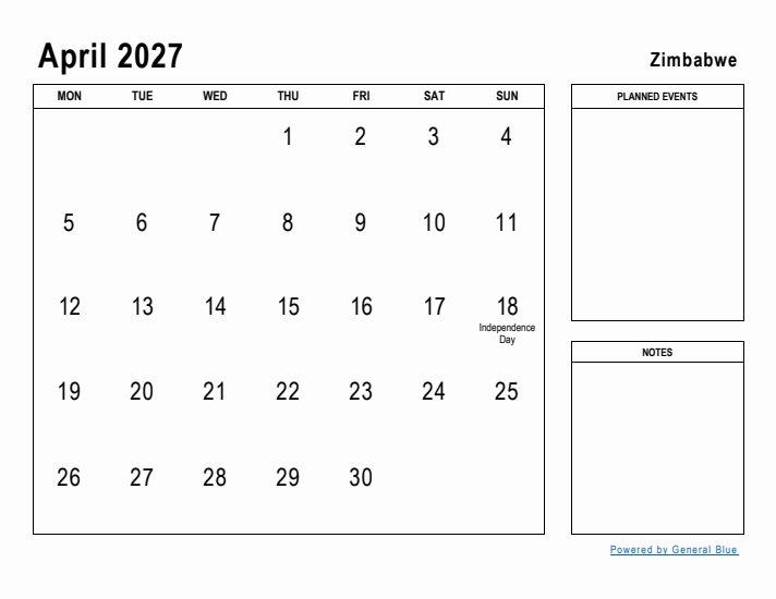 April 2027 Printable Monthly Calendar with Zimbabwe Holidays