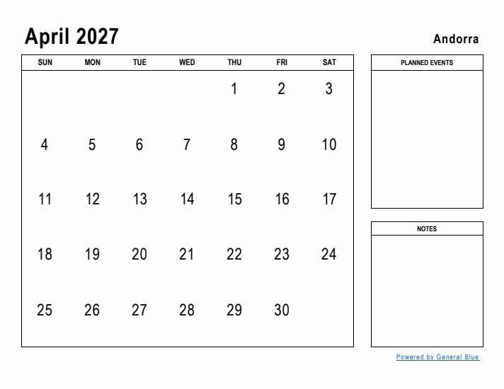 April 2027 Printable Monthly Calendar with Andorra Holidays