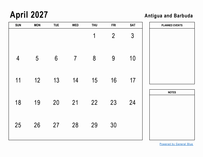 April 2027 Printable Monthly Calendar with Antigua and Barbuda Holidays