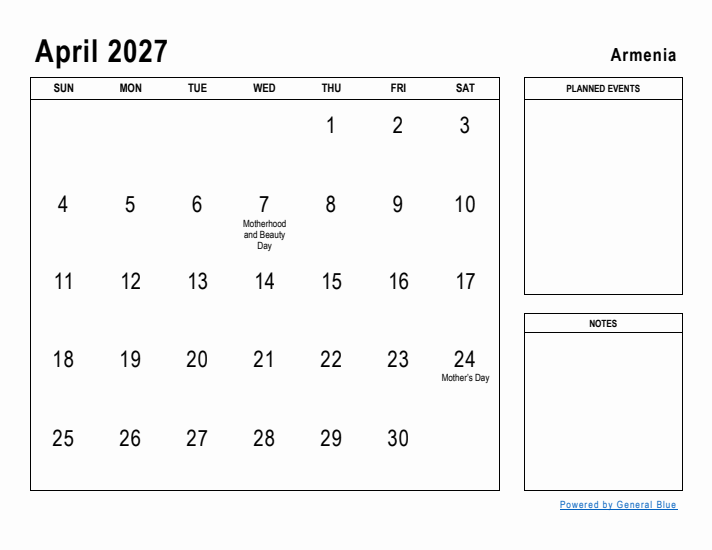 April 2027 Printable Monthly Calendar with Armenia Holidays