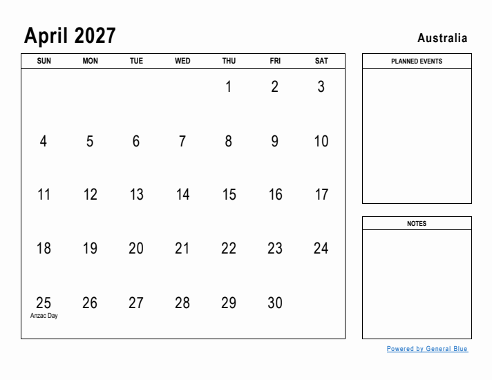 April 2027 Printable Monthly Calendar with Australia Holidays