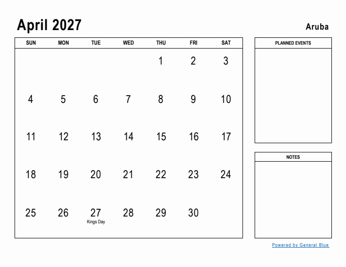 April 2027 Printable Monthly Calendar with Aruba Holidays