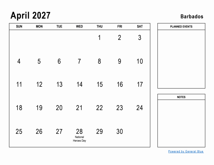 April 2027 Printable Monthly Calendar with Barbados Holidays