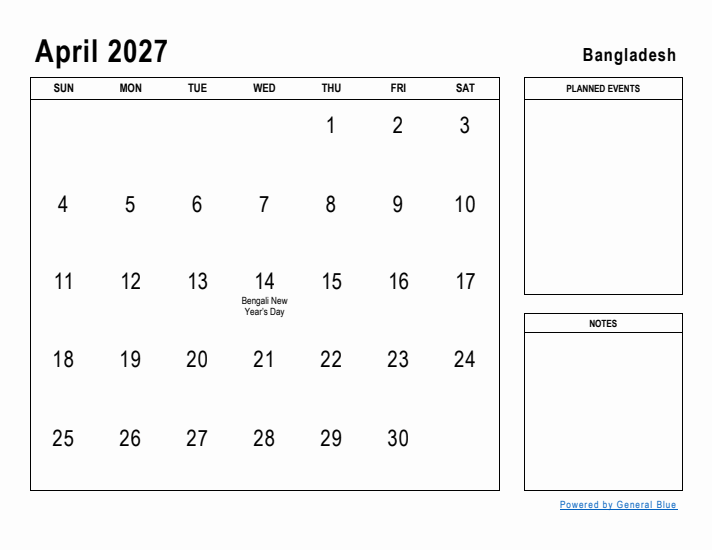 April 2027 Printable Monthly Calendar with Bangladesh Holidays